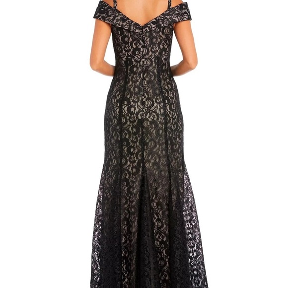 R&M Richards Black and Tan Shimmer Off-the-Shoulder Gown Lace & Shimmer NYE - Picture 3 of 6